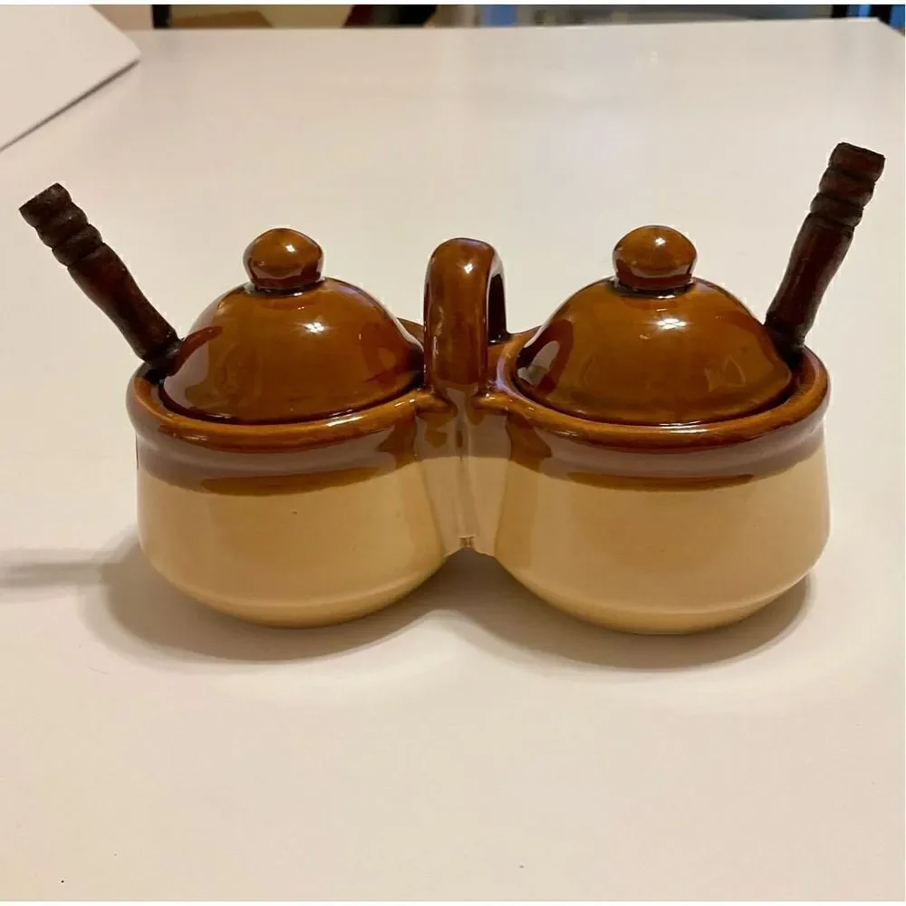 Vintage Double Condiment Jars with Lids and Spoons